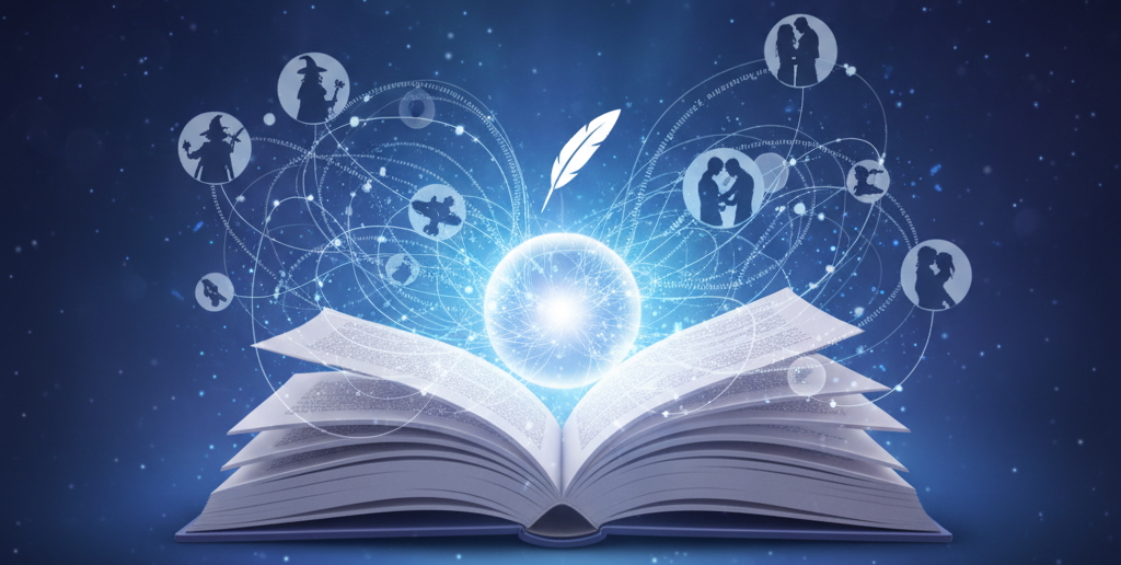 A graphic showing an open book surrounded by icons representing various fanfiction themes.